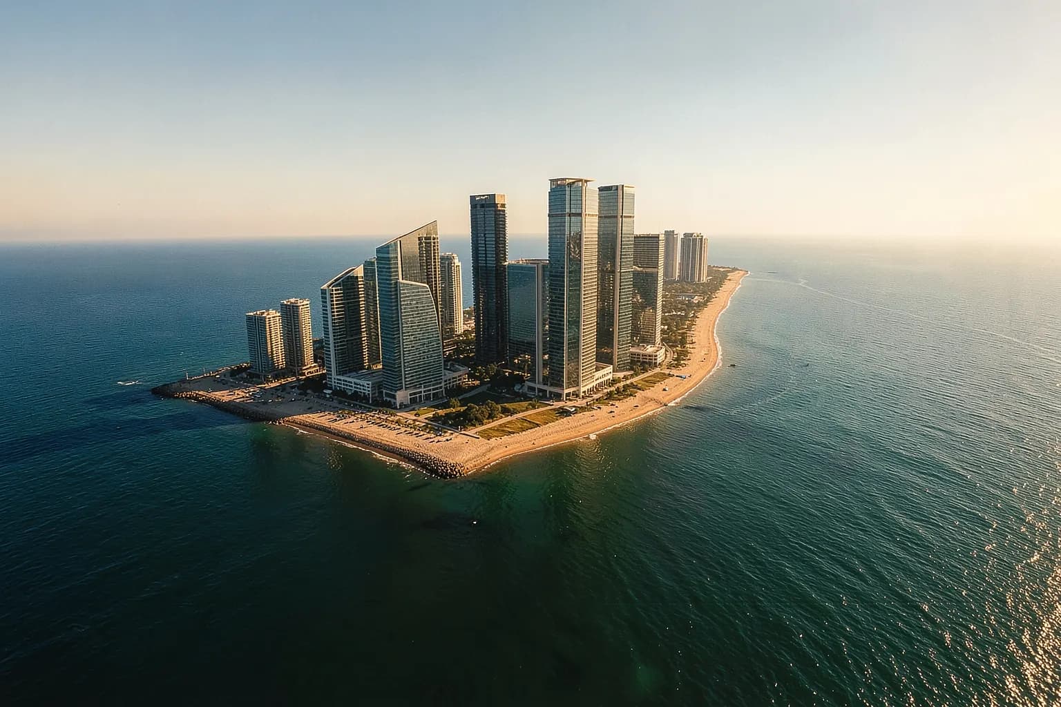 Vista aérea de uma praia urbana com prédios altos ao fundo e mar azul.