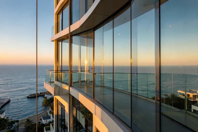 Fachada de prédio de luxo com varanda envidraçada e vista para o mar em Balneário Camboriú