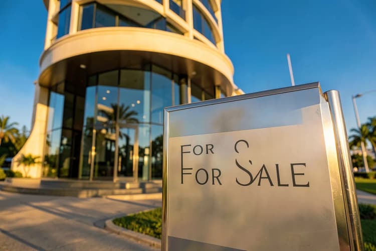 Placa de "Vende-se" em frente a um condomínio de luxo em Balneário Camboriú