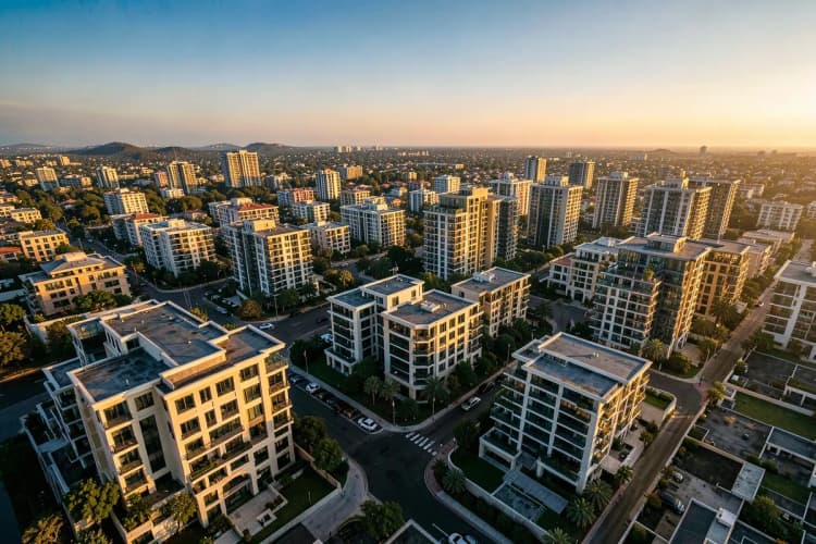Vista aérea de um bairro nobre com casas e prédios de alto padrão.