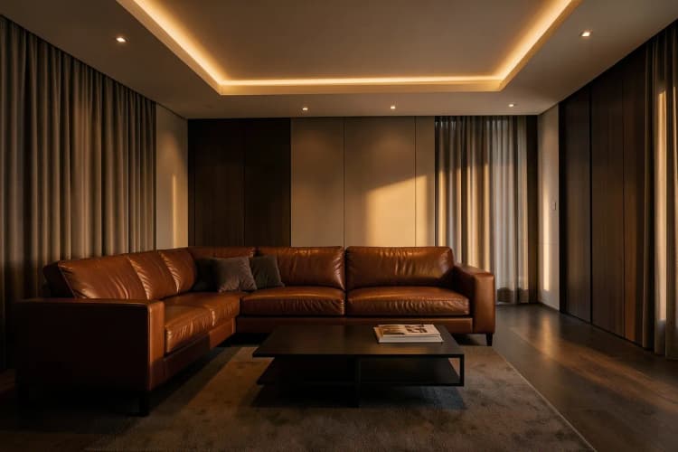 Sala de estar com sofá de couro marrom, mesa de centro com design moderno e iluminação embutida no teto.