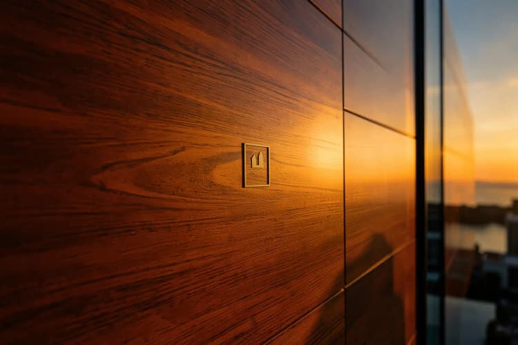 Detalhe de acabamento em madeira e metal em uma parede de apartamento com o logo Pininfarina discretamente aplicado.