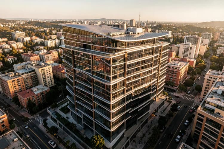 Vista aérea de uma cidade com prédios modernos, destacando a arquitetura de um edifício com design assinado pela Pininfarina.