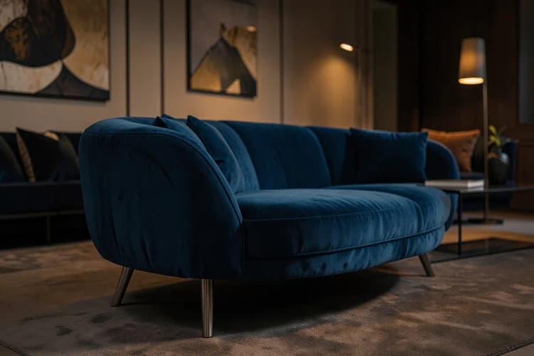 Detalhe de um sofá curvo em veludo azul com pés metálicos em um ambiente de sala de estar sofisticado.