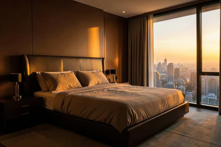 Quarto de casal com cama imponente, mesa de cabeceira com luminária e janela com vista para a cidade.