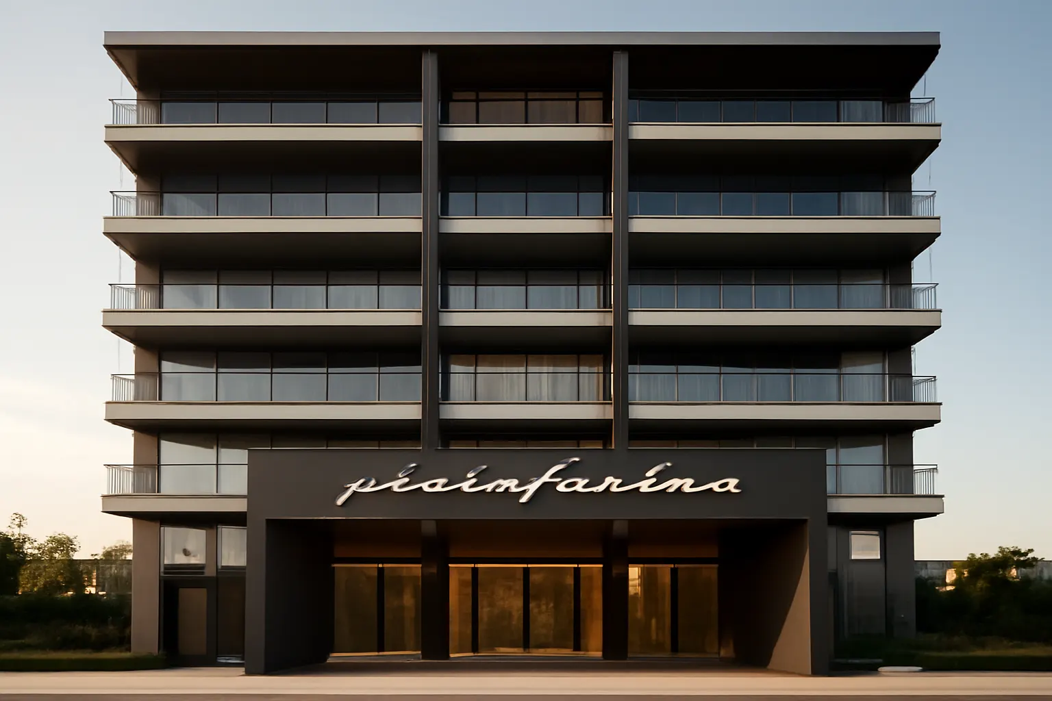 Fachada de prédio de luxo com detalhes em preto e branco, com o nome Pininfarina em destaque na entrada.