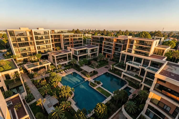 Vista aérea de um complexo residencial de luxo com piscinas e áreas verdes