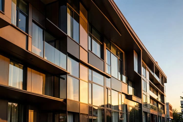 Detalhe da fachada de um edifício residencial de alto padrão com design moderno