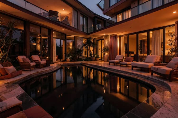Área de lazer de um complexo residencial de alto padrão com piscina e sofás confortáveis