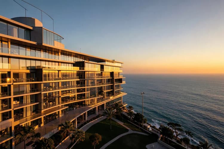 Fachada de um complexo residencial de alto padrão com vista para o mar