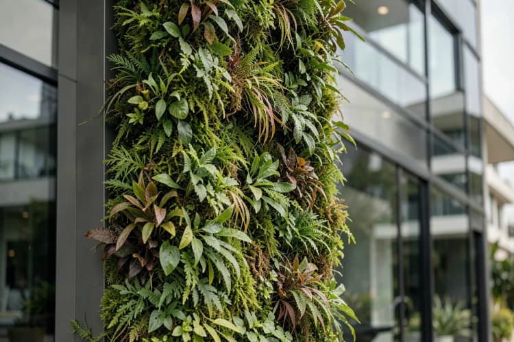 Detalhe de um jardim vertical em um complexo residencial sustentável