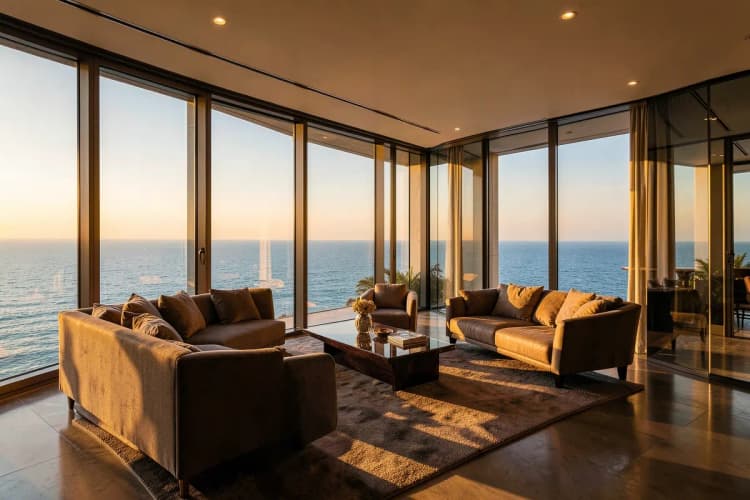 Vista interna de um apartamento de luxo com móveis elegantes e vista para o mar