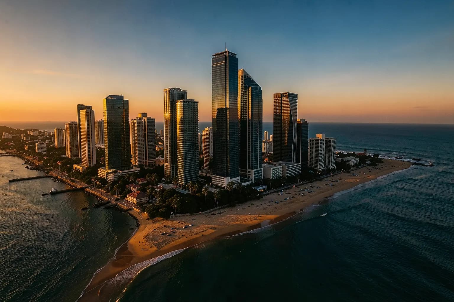 Vista aérea de Balneário Camboriú com arranha-céus e praia ao pôr do sol