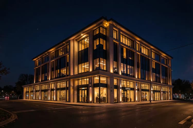 Fachada noturna do Edifício Yachthouse com iluminação realçada.
