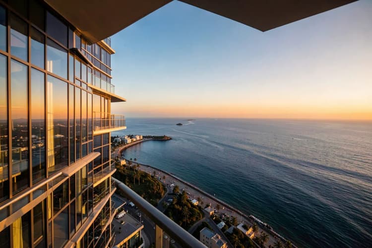 Vista panorâmica da varanda de um apartamento no Edifício Yachthouse, com vista para o mar.