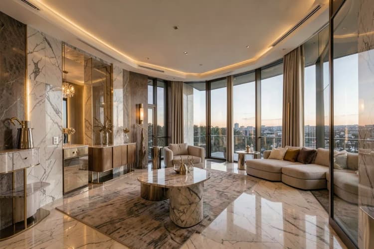 Vista interna de um apartamento de luxo no Yachthouse mostrando o uso de mármore e metais nobres