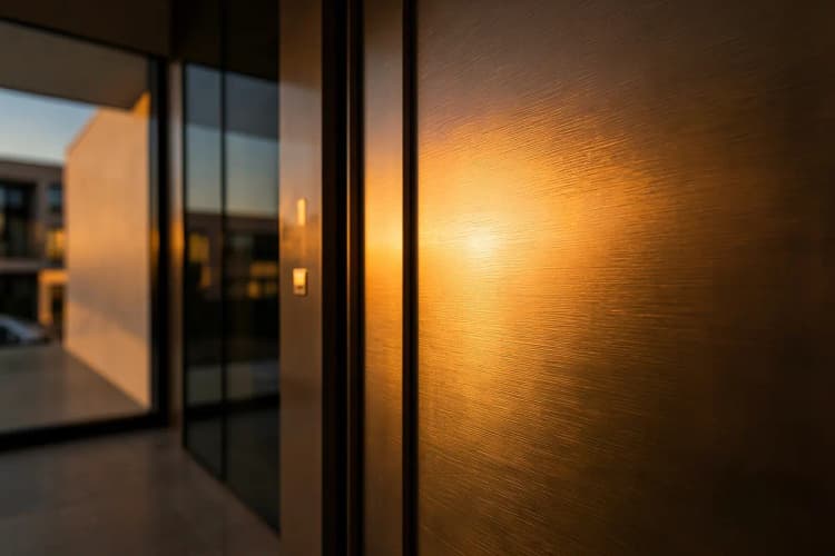 Detalhe de um acabamento metálico escovado em uma porta de alta qualidade em um ambiente residencial de luxo