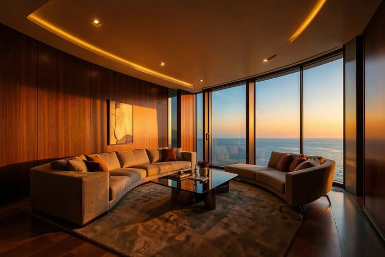 Ambiente de sala de estar com acabamentos sofisticados, incluindo painéis de madeira e iluminação embutida